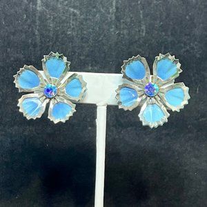 Vintage Silver Tone Aurora Borealis Blue Enamel Flower Screw Back Earrings 3512